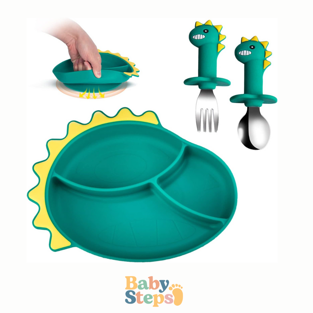 Plato Dinosaurio con cubiertos - Babystepscr
